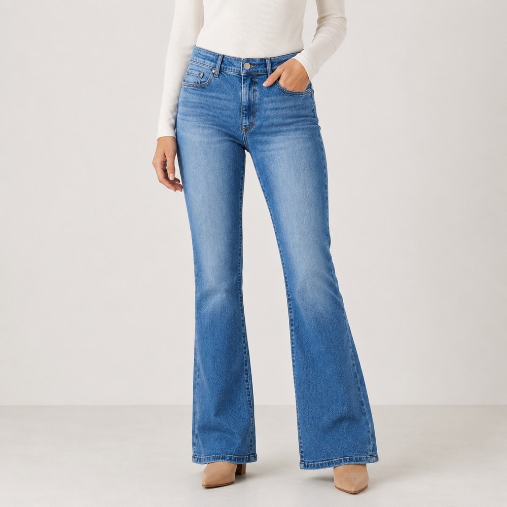 Loft Outlet Petite Flare Jeans Medium Wash Textured Floral Denim Blue High Rise
